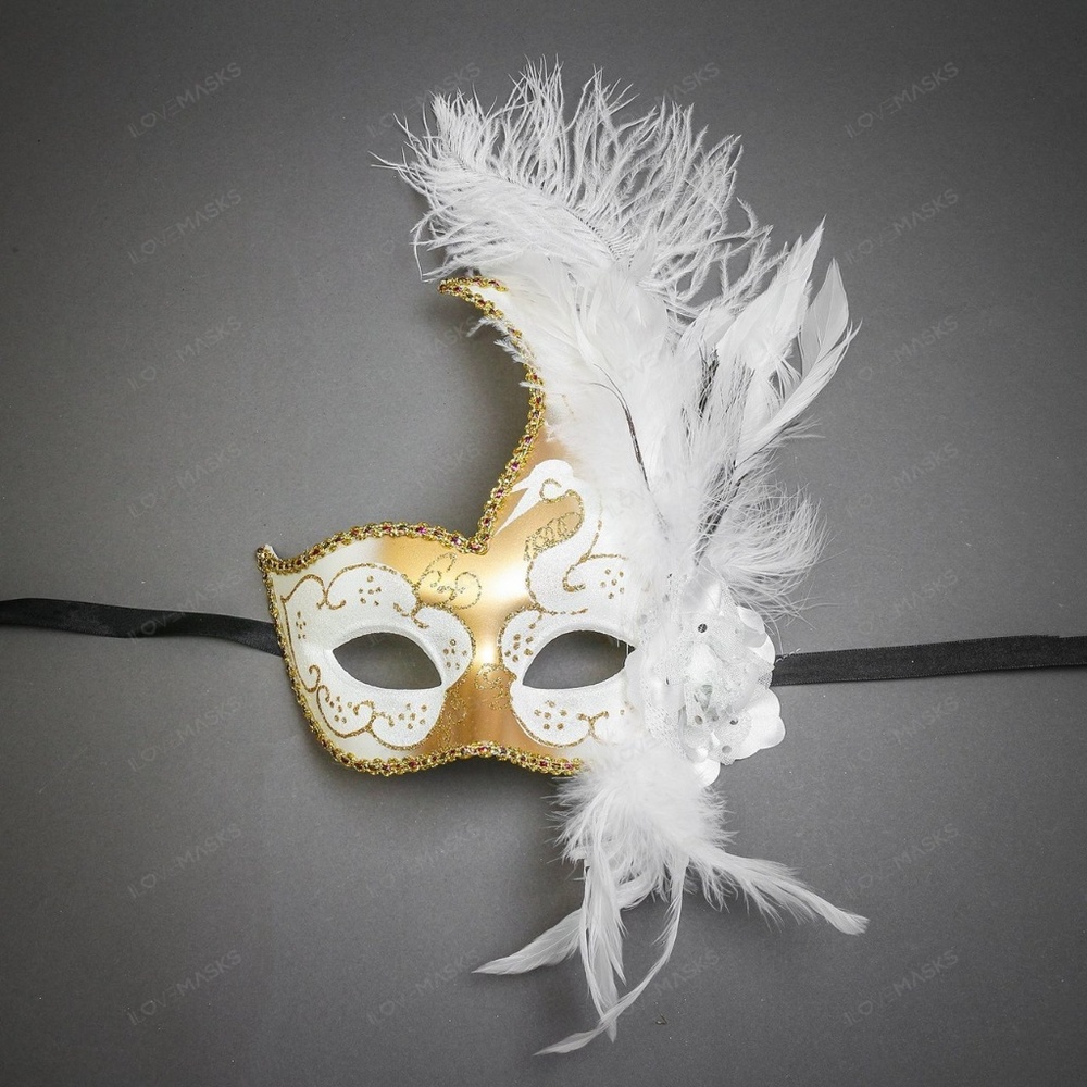 Venetian Half Moon Masquerade Feather Gold White